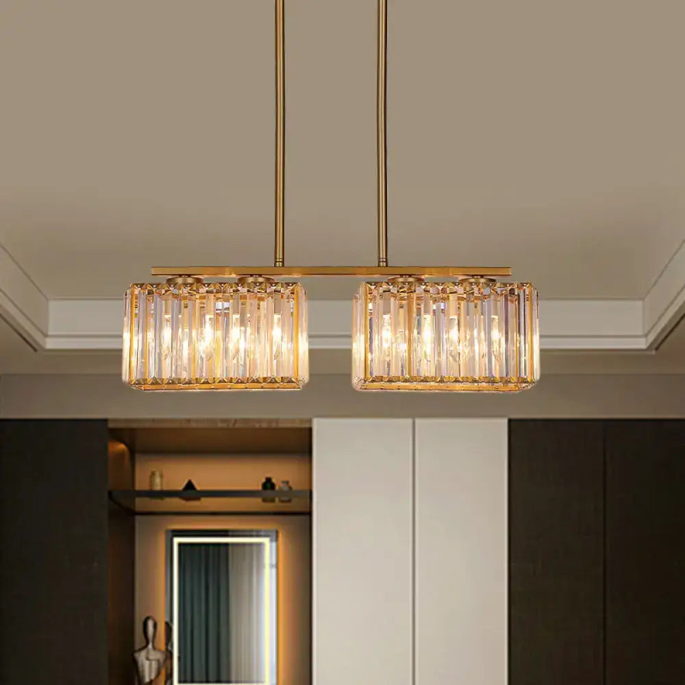 Decorbites contemporary gold pendant lighting with clear cuboid crystal shade and warm led incandescent fluorescent glow