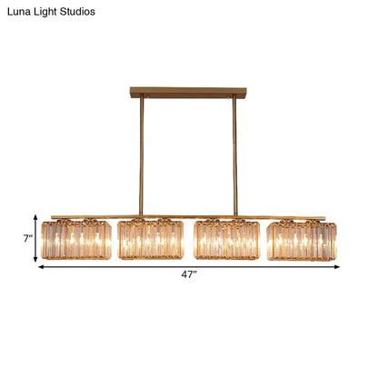 Gold-toned rectangular chandelier with four clear cuboid crystal shades for dining room led incandescent fluorescent lighting
