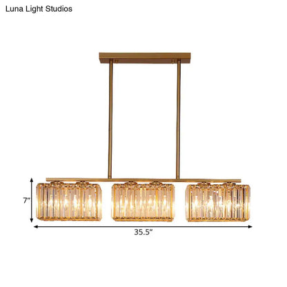 Decorbites contemporary gold pendant lighting with clear cuboid crystal shade and metal frame for dining rooms