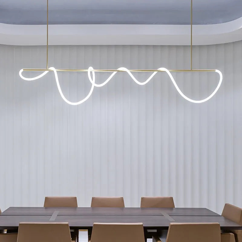 Decorbites™ contemporary led chandelier with sleek gold frame and flowing white long hose led for dining room lighting