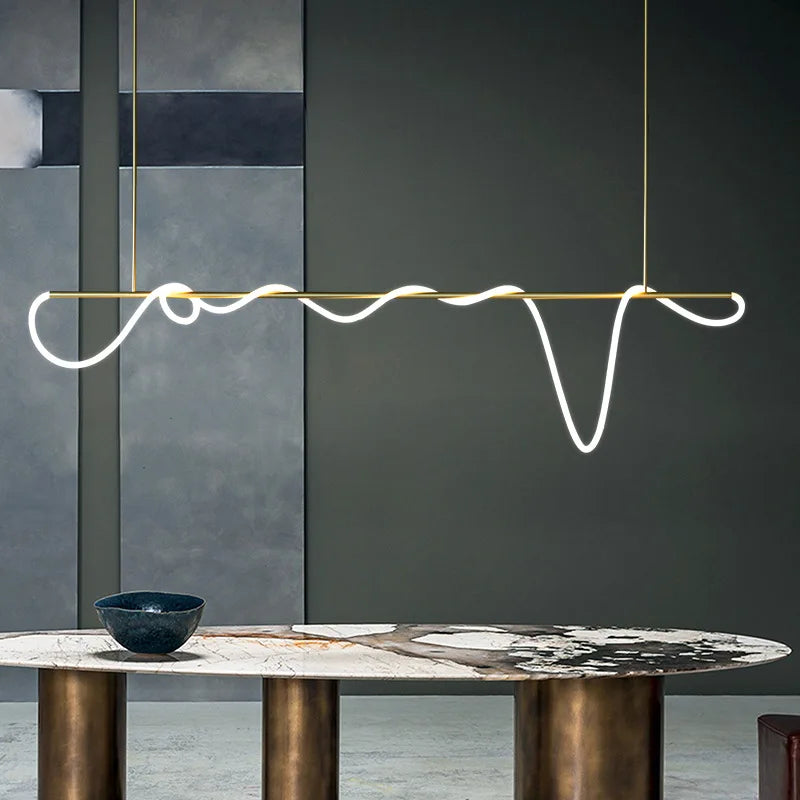 DecorBites™ contemporary led chandelier with gold metal frame and flowing white long hose led for dining room lighting