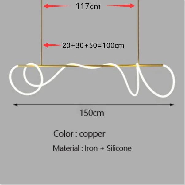 Copper-colored DecorBites™ contemporary led chandelier with sleek iron frame and flexible silicone cord for dining room lighting
