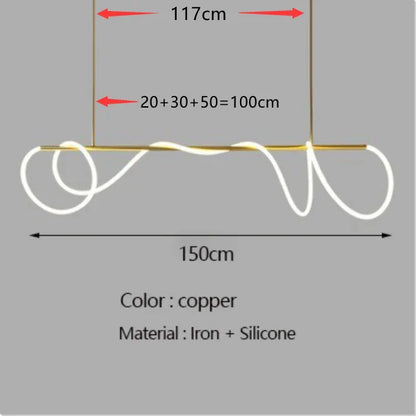 Copper-colored DecorBites™ contemporary led chandelier with sleek iron frame and flexible silicone cord for dining room lighting