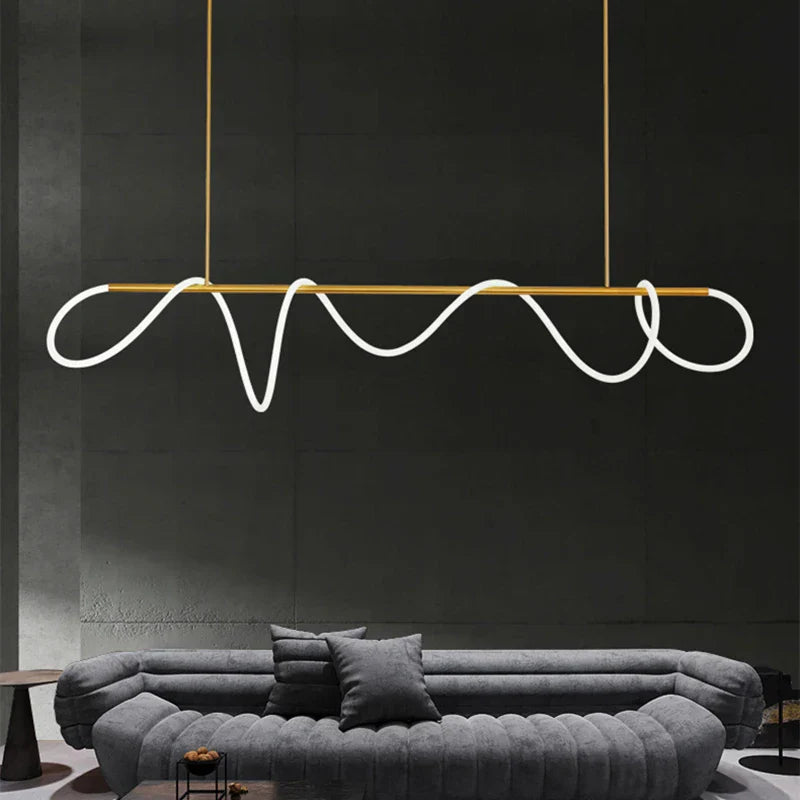 Modern gold-toned DecorBites™ contemporary led chandelier with sleek wavy long hose led strip for dining room lighting
