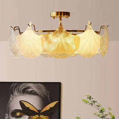 Gold-toned decorbites contemporary led chandelier with five fan-shaped translucent glass shades for dining room lighting