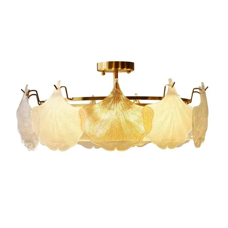 Gold-toned decorbites contemporary led chandelier with translucent ginkgo leaf glass shades for dining room lighting