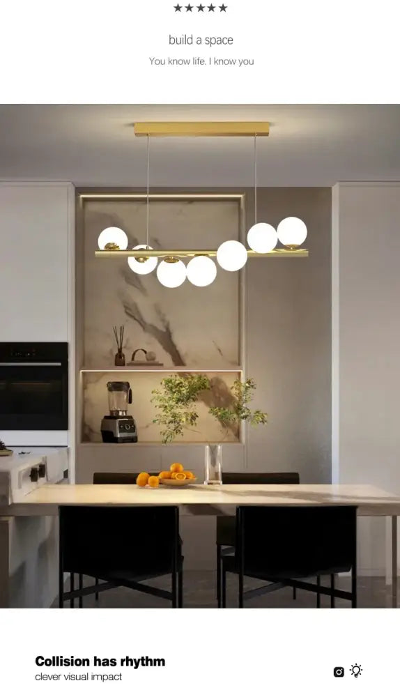 Modern gold-toned contemporary led glass ceiling chandelier with multiple white glass bulbs in a long linear design