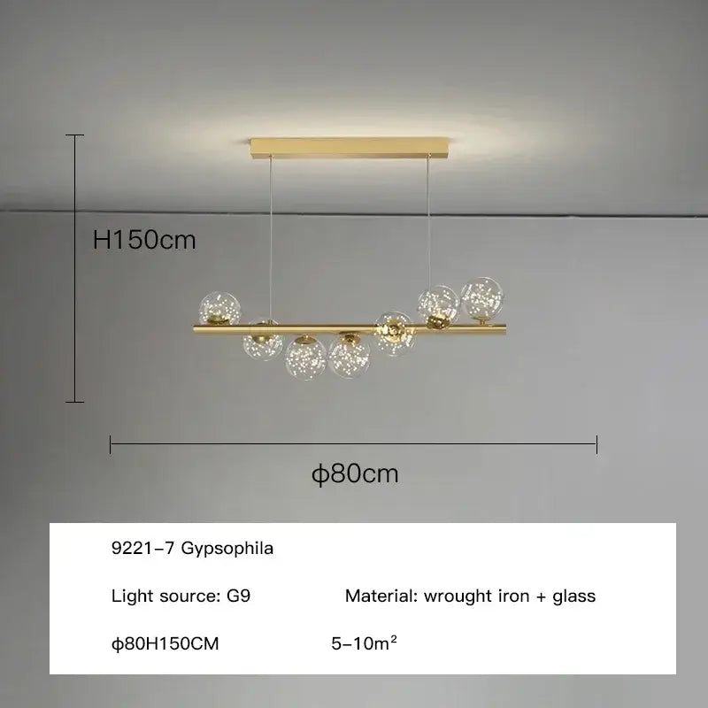 Gold-toned decorbites™ contemporary led glass ceiling chandelier with clear globe bulbs and wrought iron frame for home lighting