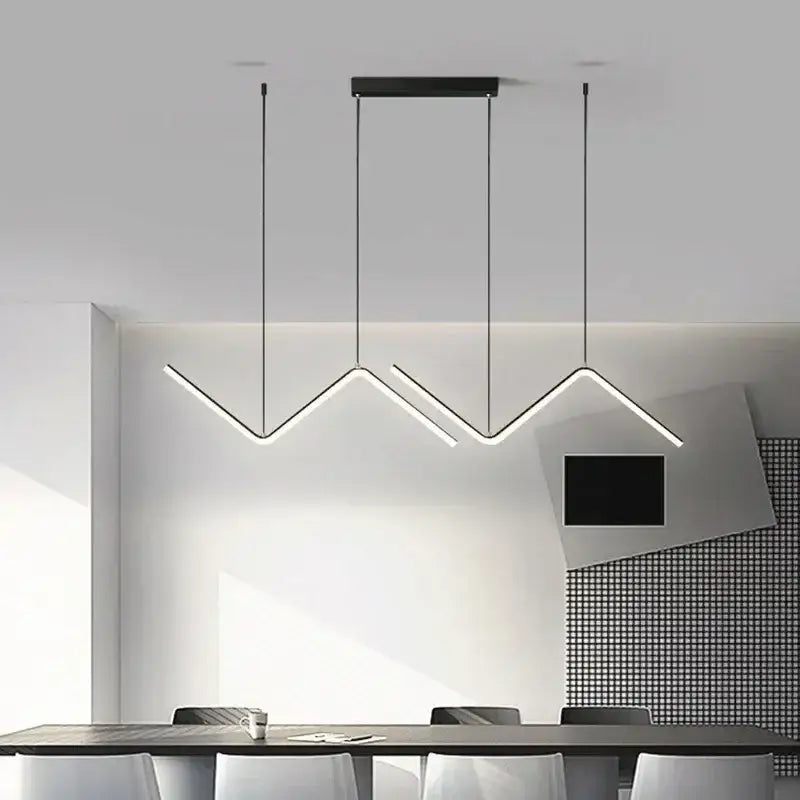 Modern black DecorBites™ contemporary 2-head 90cm led pendant lights with sleek angular designs hang from the ceiling