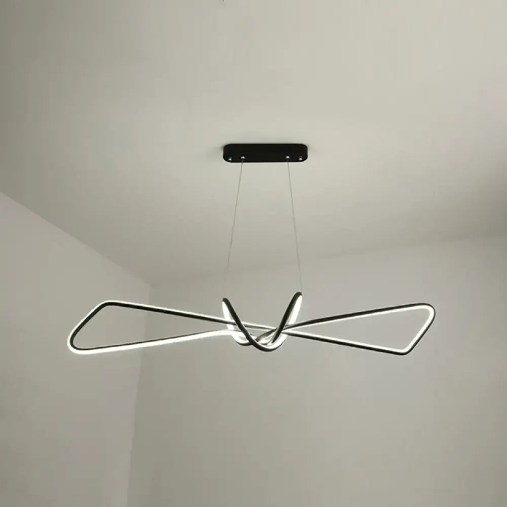 Modern black and white contemporary metal dining chandelier with bowtie LED island lighting and intersecting oval light strips