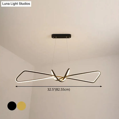Modern gold-toned led chandelier with sleek intertwined geometric design and black mounting plate for contemporary metal dining use in bowtie led island lighting