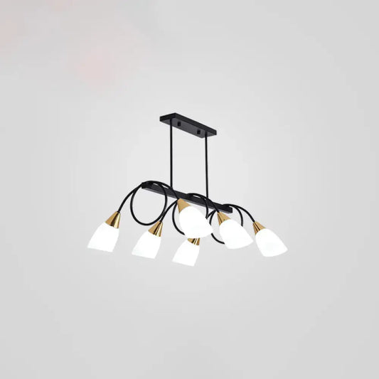 Modern black and gold shade island lamp with five frosted contemporary milk glass tulip shades ideal for restaurants