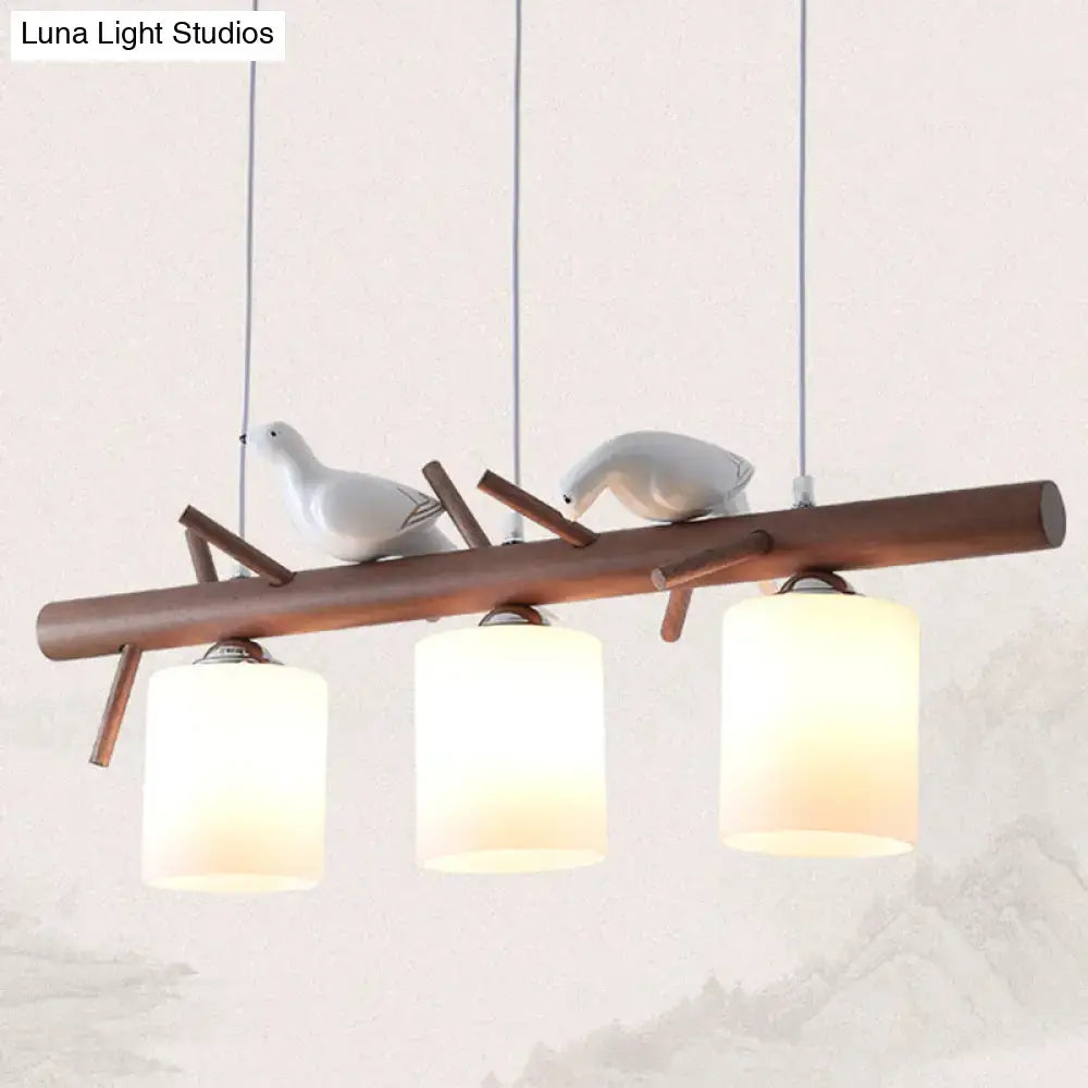 Decorbites contemporary wood island pendant with cylindrical glass shades and e26 e27 sockets featuring ceramic birds