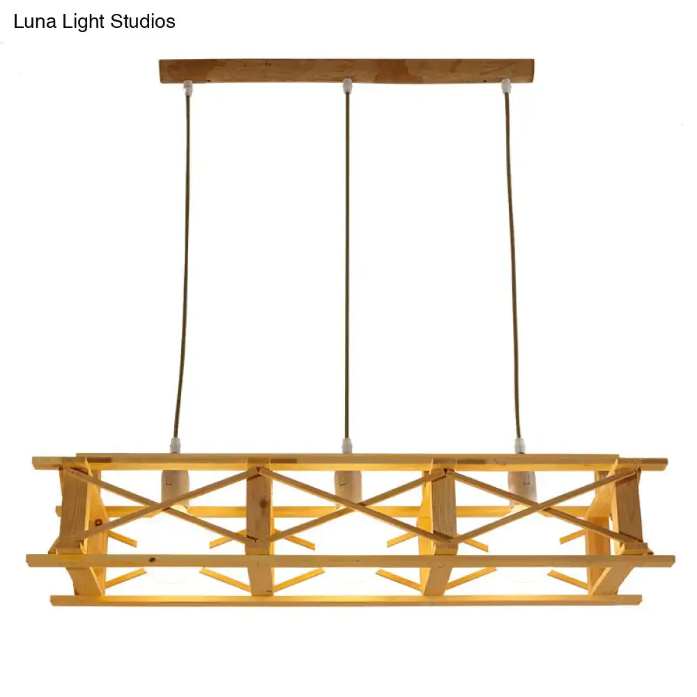 Decorbites contemporary wooden beige rectangular cage island pendant light with crisscross beams for restaurants