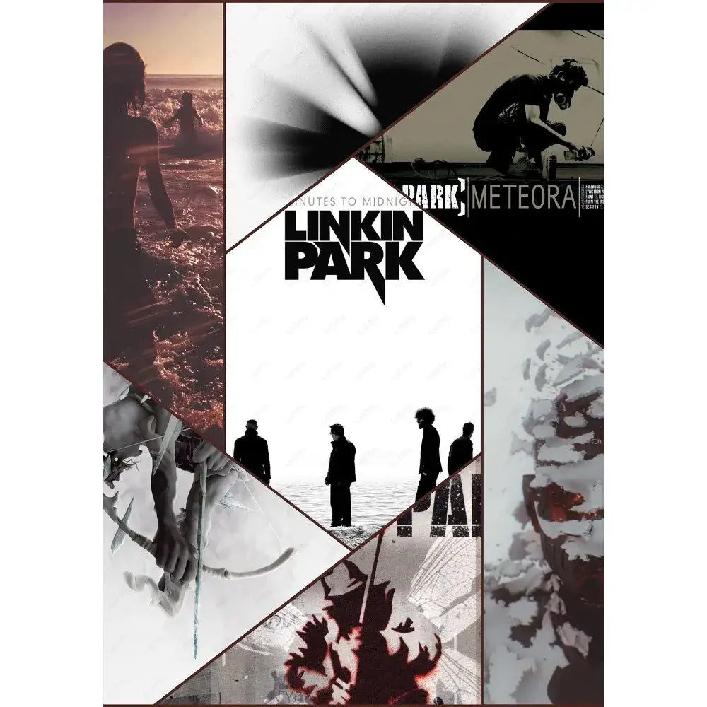 Black and white linkin park minutes to midnight collage poster wall art featuring geometric panels and silhouettes