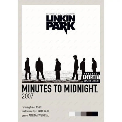 Black and white linkin park minutes to midnight poster wall art featuring band silhouettes on beach for DecorBites™ wall art