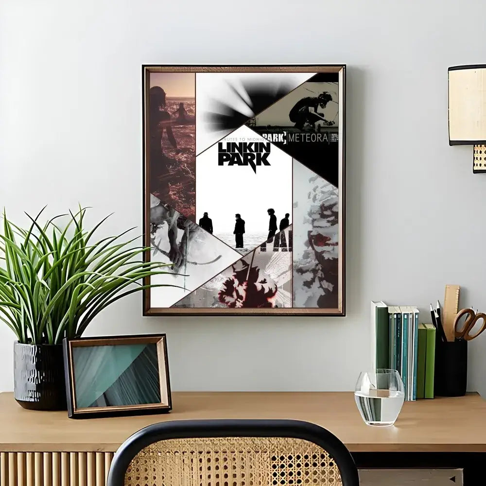 A framed Linkin Park Meteora poster wall art with a black white and muted red collage design by DecorBites™