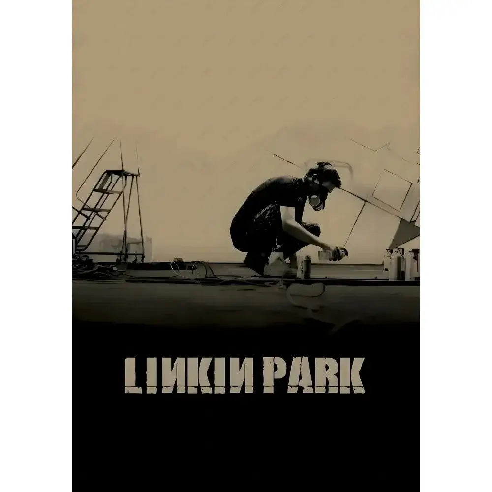 A sepia-toned Linkin Park poster wall art featuring a person in a gas mask on an industrial rooftop