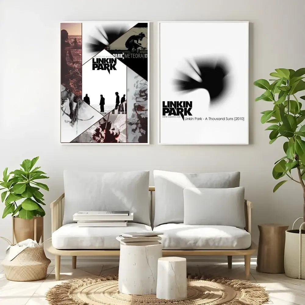 Two framed linkin park poster wall art pieces hang above a light gray sofa as decorbites cool l-linkin band wall art