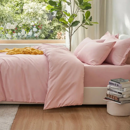 Pink satin decorbites™ cooling summer cotton duvet cover set with matching pillows and soft yellow throw blanket