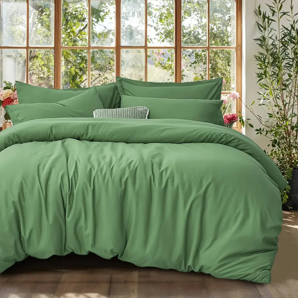 Soft sage green DecorBites™ cooling summer cotton duvet cover set with matching pillows and textured accent pillow