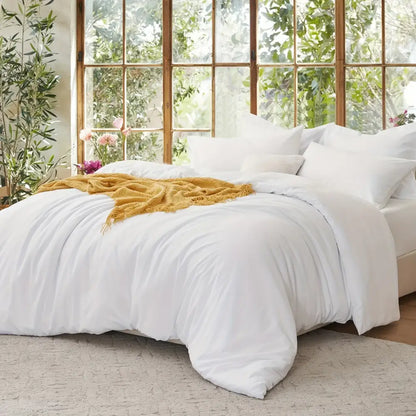 White decorbites™ cooling summer cotton duvet cover set with plush texture and subtle ruching along edges