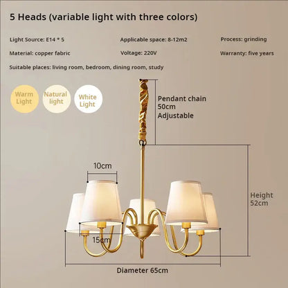 Gold-toned copper american chandelier by decorbites with five adjustable arms and fabric shades for living room use