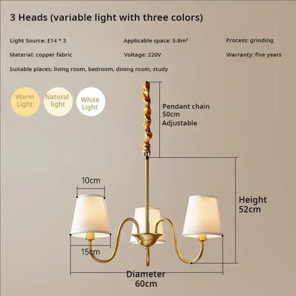 Decorbites copper american chandelier with brass-finished copper fabric arms and cream shades for living room lighting