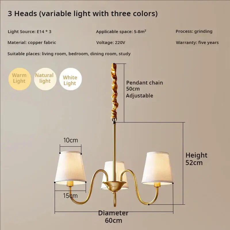 Decorbites copper american chandelier with brass-finished copper fabric arms and cream shades for living room lighting