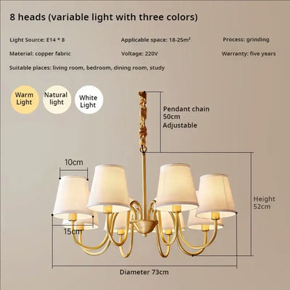 Decorbites copper american chandelier with gold-toned copper fabric, eight adjustable pendants, and cream fabric shades