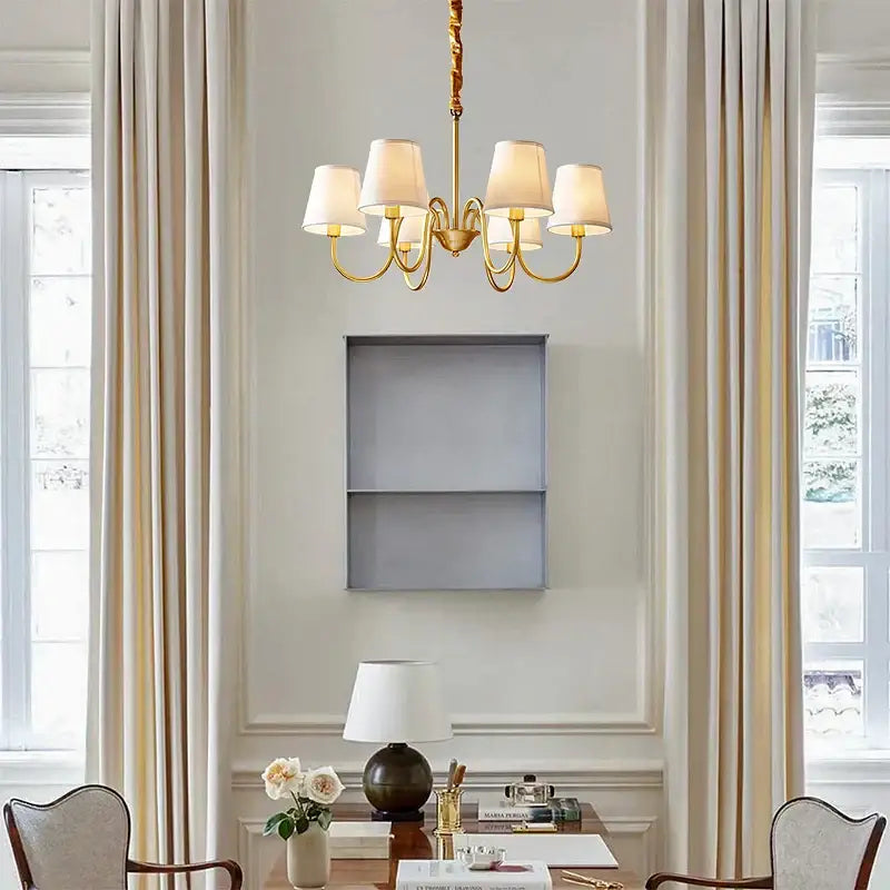 Gold-toned decorbites copper american chandelier with five cream fabric shades for living room lighting