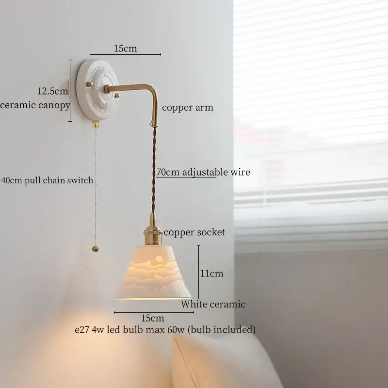 White ceramic wall lamp with decorbites copper arm vintage style, adjustable 70cm wire and pull chain switch for bedroom lighting