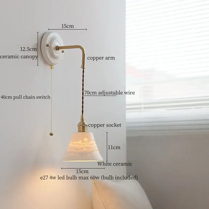 White ceramic wall lamp with decorbites copper arm vintage style, adjustable 70cm wire and pull chain switch for bedroom lighting