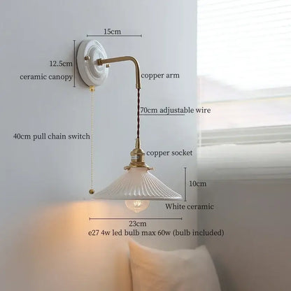 White ceramic wall lamp with decorbites copper arm vintage design and ribbed lampshade for bedroom lighting