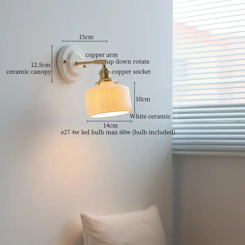 White ceramic wall lamp with decorbites copper arm vintage design and ribbed glass shade for bedroom lighting