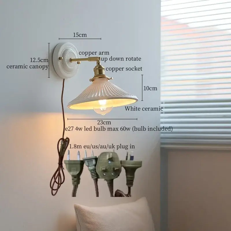 White ceramic wall lamp with decorbites copper arm vintage brass socket and fluted lampshade for bedroom lighting