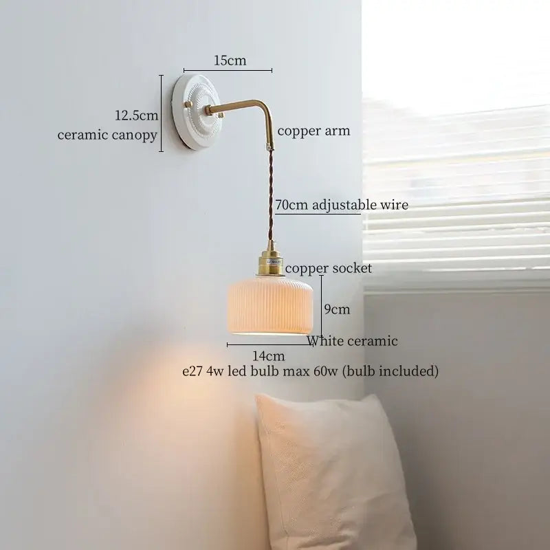 Decorbites copper arm wall lamp with white ceramic canopy and ribbed shade vintage-style bedroom light