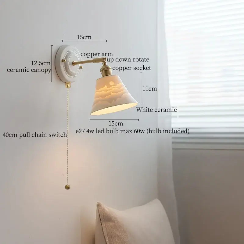 White ceramic wall lamp with decorbites copper arm vintage and etched landscape lampshade for bedroom lighting
