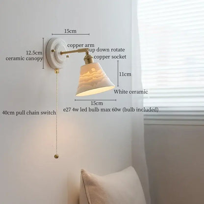 White ceramic wall lamp with decorbites copper arm vintage and etched landscape lampshade for bedroom lighting