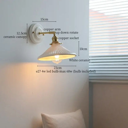 White ceramic wall lamp with fluted shade and decorbites copper arm vintage brass socket for bedroom lighting