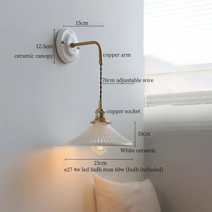 White ceramic wall lamp with decorbites copper arm vintage design, adjustable wire, and ribbed glass shade for bedroom light