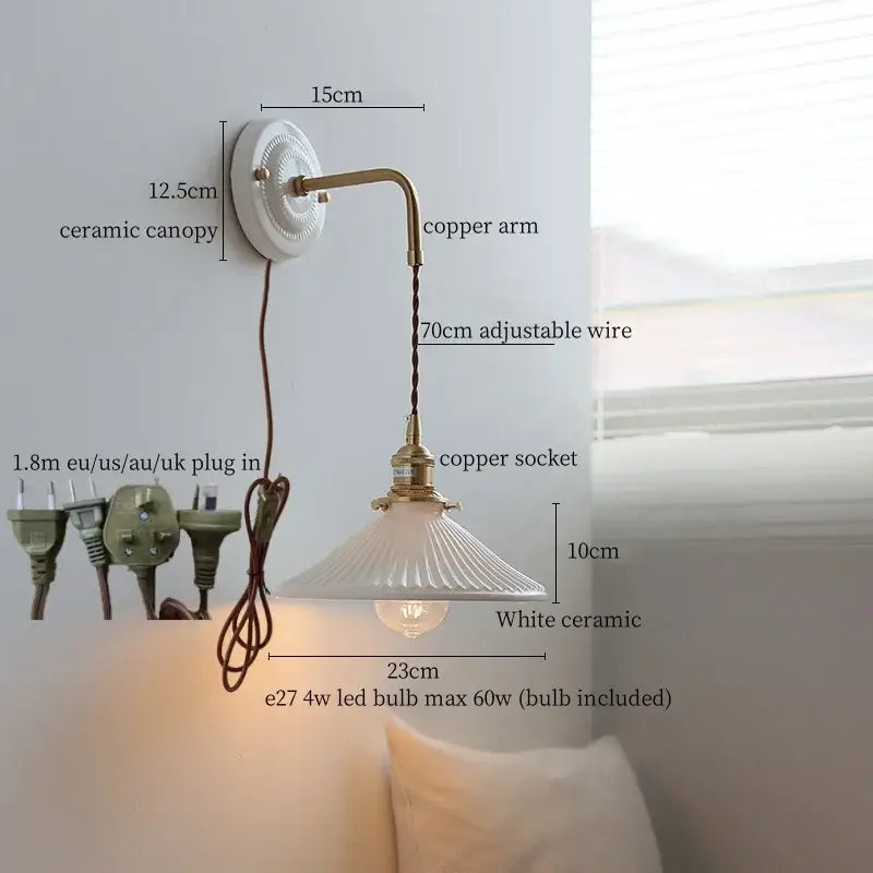 White ceramic wall lamp with decorbites copper arm vintage design and adjustable wire for flexible bedroom lighting