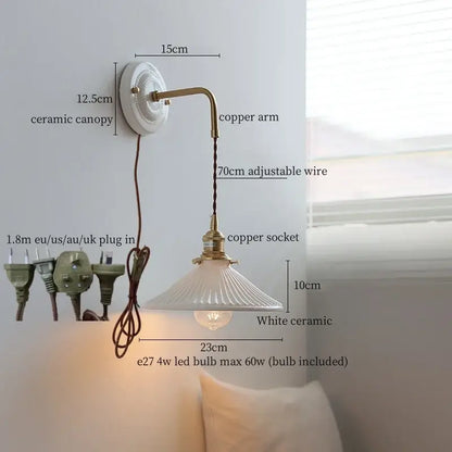 White ceramic wall lamp with decorbites copper arm vintage design and adjustable wire for flexible bedroom lighting