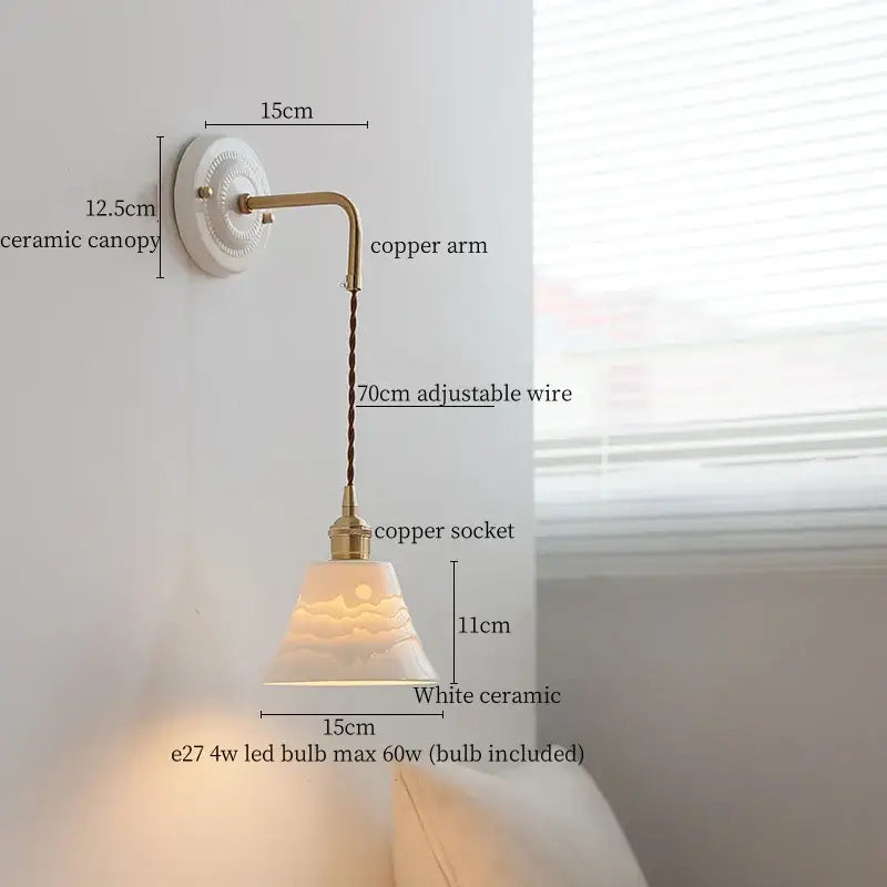 White ceramic wall lamp with decorbites copper arm vintage design featuring adjustable wire and sun motif shade for bedroom