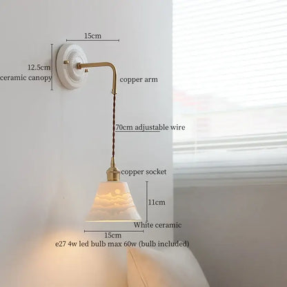 White ceramic wall lamp with decorbites copper arm vintage design featuring adjustable wire and sun motif shade for bedroom