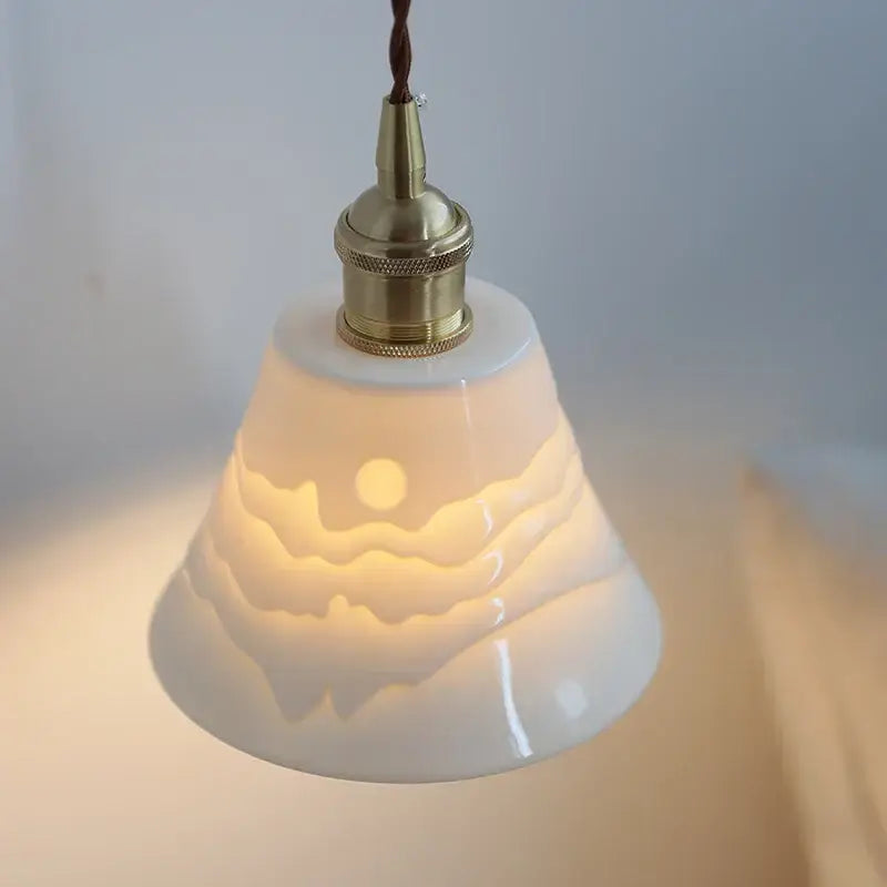 Decorbites copper arm white ceramic wall lamp with frosted glass shade and embossed mountain design, vintage bedroom light