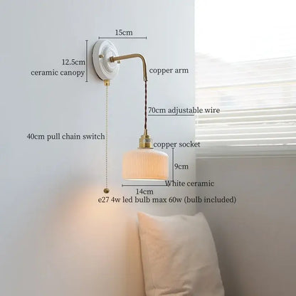 Vintage-style wall lamp with decorbites copper arm and white ceramic shade featuring adjustable height wire