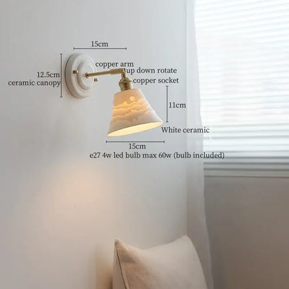 White ceramic wall lamp with decorbites copper arm vintage and bell-shaped shade for bedroom lighting
