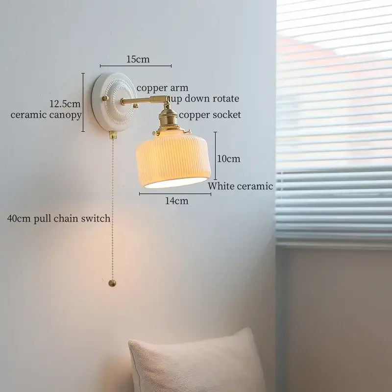 White ceramic wall lamp with decorbites copper arm vintage design and ribbed ceramic shade for bedroom lighting