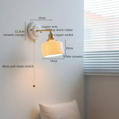 White ceramic wall lamp with decorbites copper arm vintage design and ribbed ceramic shade for bedroom lighting